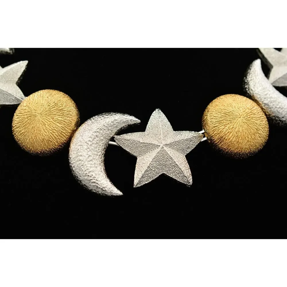 Christian Dior Vintage Celestial Moon Star Statement Necklace Silver Gold Chunky